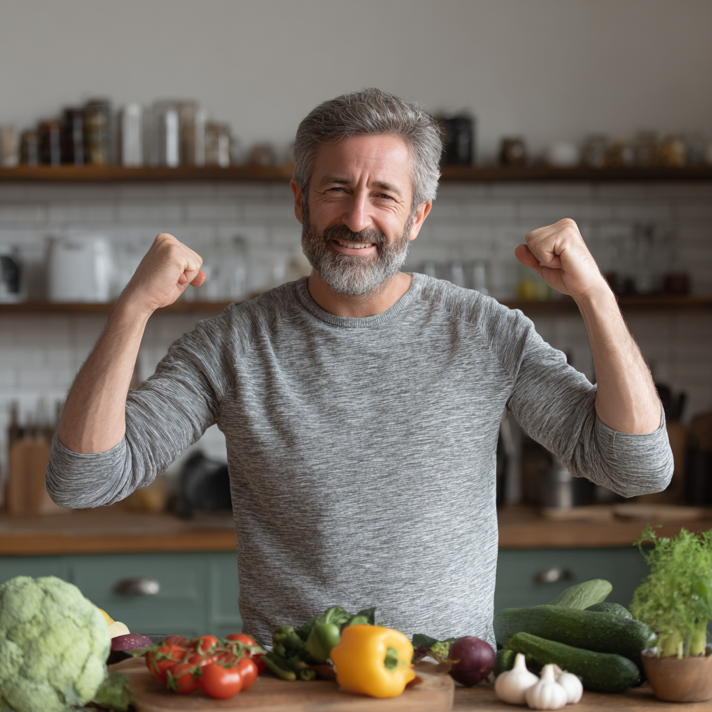 Middle-aged man feeling energized after healthy meal preparation